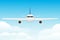 Big white passenger airplane turbine jet plane in blue sunny sky flat vector illustration