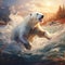 Big white Polar bear goes for a swim in the Early spring in wild bear catches a