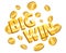 Big win banner. Gold coins, winner lottery isolated label with flying coins. Golden dollar cash, congratulation vector