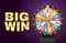 Big win banner. Realistic lottery wheel. Twisting circle for raffling prizes on starry background. Gambling and promo