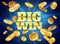 Big win. Prize label with gold flying coins, winning game. Casino cash money jackpot gambling vector abstract background