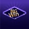 Big win. Retro big win congratulation banner with glowing light bulbs and golden confetti on a burst purple background.