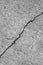 Big winding ascending crack on an gray concrete wall. Thin crack diagonally. Copy space. Vertical photo.