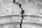 Big winding crack in arched structure, abstract image of vertical cleft. Black and white photo. Close-up. Copy space.