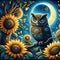 A big wise owl perched on a tree branch with half moon, blooming sunflowers, tree leaves, butterflies, glow, bold painting