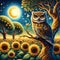 A big wise owl stands on a branh of tree, at a beautiful sunflowers field, with moon, tree leaves, beautiful glow, bold painting