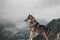 The big wolf stands on the rock and watches the environment. Mist and autumn landscapes in the background.