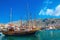 Big Wooden yacht anchored in port of Pothia, Kalymnos