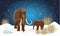 Big woolly mammoth and cub on plain in the snow. Night with the stars