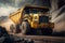 Big yellow mining truck hauling rock in dusty coal mine, indistry machinery at work