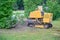 Big yellow stump grinder in lilac hedge