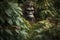 A Bigfoot creature hiding behind leaves peaking out. Sasquatch hidden in camouflage
