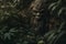 A Bigfoot creature hiding behind leaves peaking out. Sasquatch hidden in camouflage