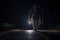 bigfoot running along interstate forest road at night in light of car headlights, neural network generated photorealistic image