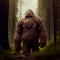 Bigfoot or sasquatch in the forest, mysterious furry creature walking in the woodlands, tall trees