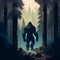 Bigfoot or sasquatch in the forest, mysterious furry creature walking in the woodlands, tall trees, Illustration