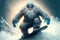 Bigfoot snowboarding. Yeti riding snowboard. Winter sports character illustration generative ai