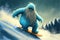 Bigfoot snowboarding. Yeti riding snowboard. Winter sports character illustration generative ai