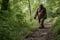 bigfoot in the woods walking at day time, neural network generated photorealistic image