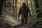 bigfoot in the woods walking at day time, neural network generated photorealistic image