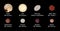 Biggest dwarf planets of Solar System in descending order, real size ratio, vector illustration