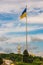 Biggest National Flag of Ukraine on tall flagpole in dowmtown of Kyiv, capital of Ukraine