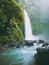 Biggest waterfall with powerful flow in Bali, Indonesia. Tropical forest and waterfall