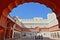 BIKANER, RAJASTHAN, INDIA - DECEMBER 23, 2017: The main courtyard inside Junagarh Fort, viewed through an arcade