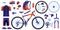 Bike bicycle vector illustration set, cartoon flat cycle parts infographic elements collection of cyclist gear