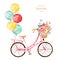 Bike with bouquet in basket and multicolored balloons