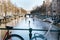 Bike on a bridge with children on the background Ice skating on the frozen canal in Amsterdam