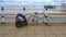 Bike with child cycle trailer, secured to railing on the sea fro