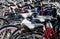 Bike detail at packed bicycle parking