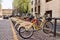 Bike docking station on the Sant Erasmo Square. Bike sharing service. Milan, Italy