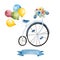 Bike with flowers,multicolored balloons and ribbon banner.