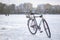 Bike on ice on winter fishing