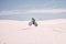 Bike, mockup and balance with a man in the desert riding a vehicle for adventure or adrenaline. Motorcycle, space and