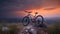 Bike on mountain trail at sunset, landscape with sports bicycle, generative AI