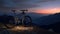 Bike on mountain trail after sunset, landscape with sports bicycle, generative AI