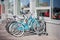 Bike parking near modern building. A healthy lifestyle, a walk on the bike.