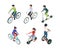 Bike people isometric. Persons riding bicycles fitness outdoor activities garish vector transport illustrations
