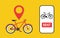 Bike rent. Share bicycle. Smart rental of transport in app. Parking station and hire of bicycle. Banner for sharing, delivery and