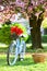 Bike rental shops primarily serve typically travellers and tourists. Vintage fancy bike blooming garden background. Rent