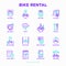 Bike rental thin line icon: rates, bicycle tours, pet trailer, padlock, helmet, child seat, sharing, pointer, deposit, mobile app