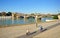 Bike in Seville at the Guadalquivir River and panoramic view of the Triana Bridge, Spain