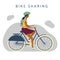 Bike sharing or rental illustration. Woman on bicycle riding. Online bicycle rent service concept. Flat vector for web, app