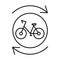 Bike sharing and rental. Rent and exchange of city and mountain bicycles. Vector line round icon with editable stroke. Share bike