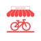 Bike Shop, Bicycle Store Single Flat Icon. Striped Awning and Signboard