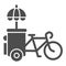 Bike stall solid icon, Street food concept, Ice cream bicycle cart sign on white background, vending cart with parasol