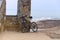 Bike, stone stairs, ruins, sea, shore, rubble, travel,tourism